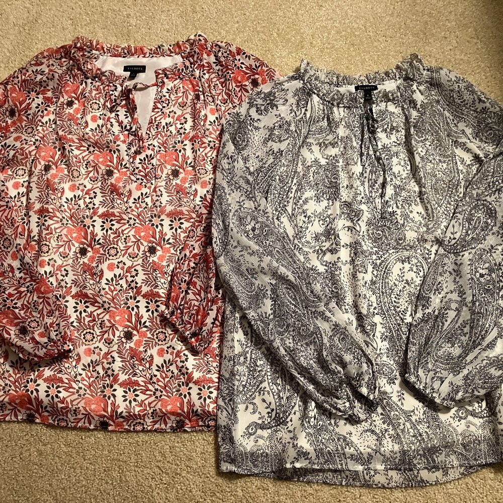 2 Talbots Tie-neck Tops, Small, Coral/Brown Floral and Black/Cream Paisley